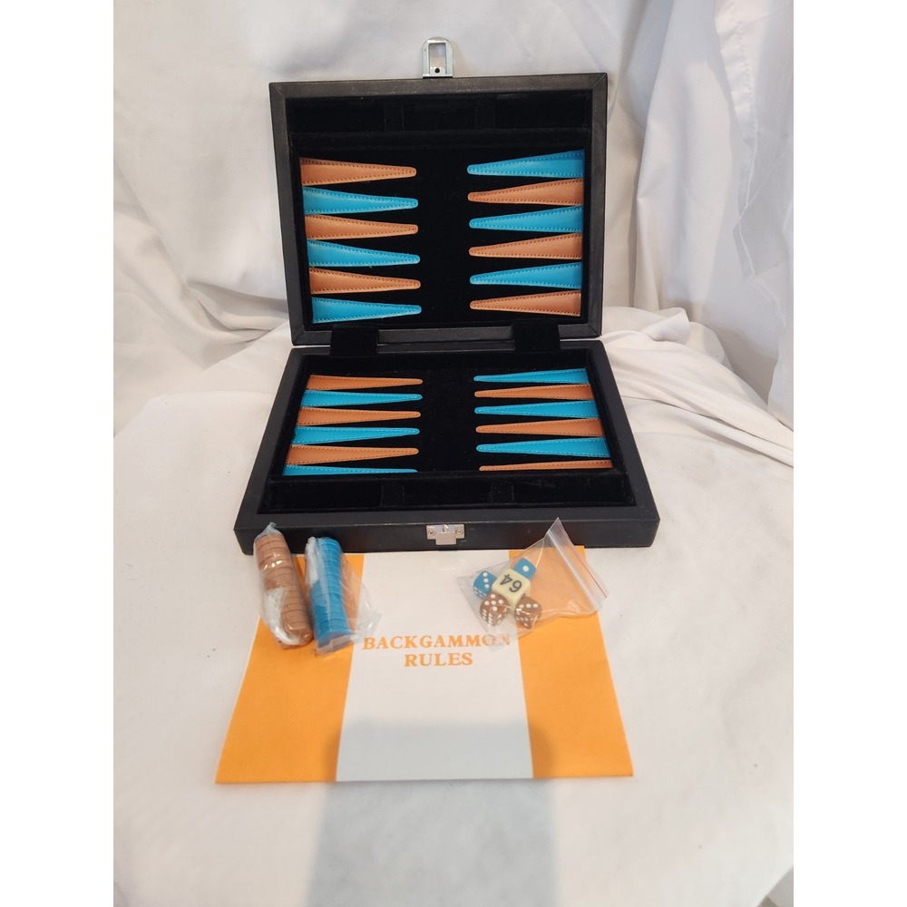 BAEKGAARD Backgammon Leather Complete Set w/ Folding Black Case, Dice, Rules